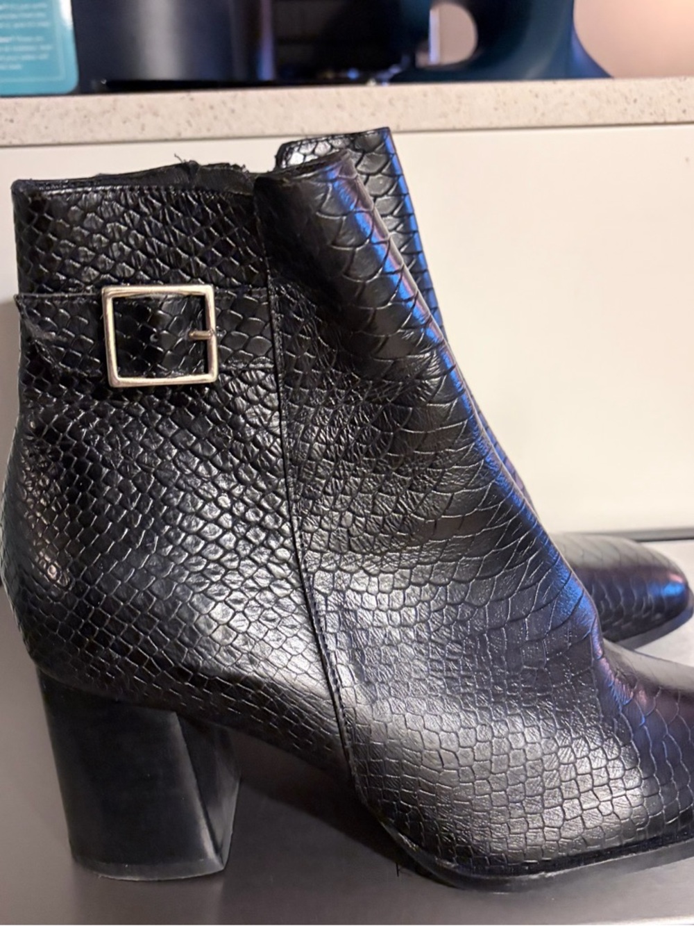 Minelli Black Faux-Snakeskin Block Heel Ankle Boots